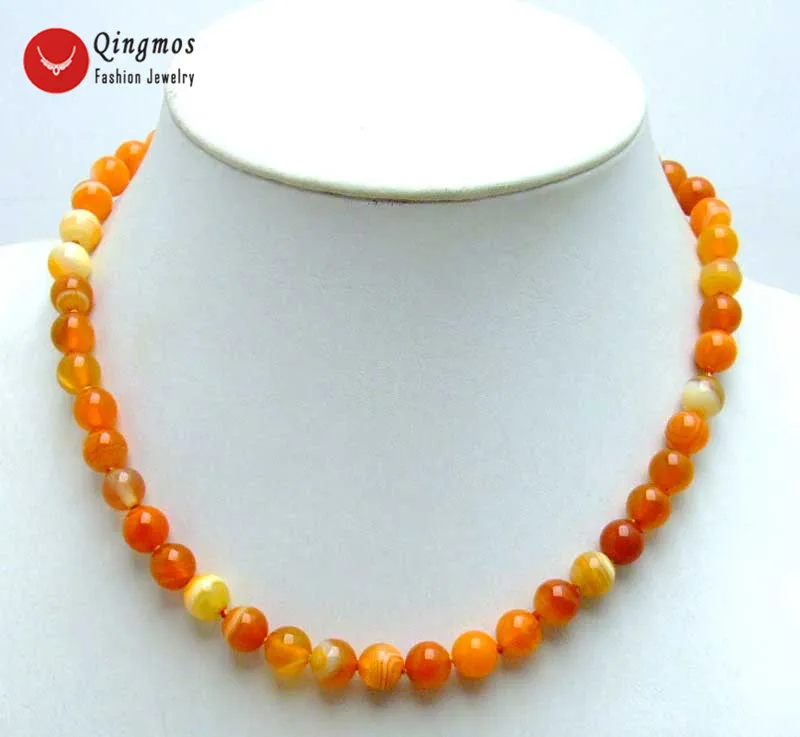 

Qingmos Trendy 6mm Orange Round Stripe Natural Agates 18" Chokers Necklace for Women-nec5825 Free Shipping