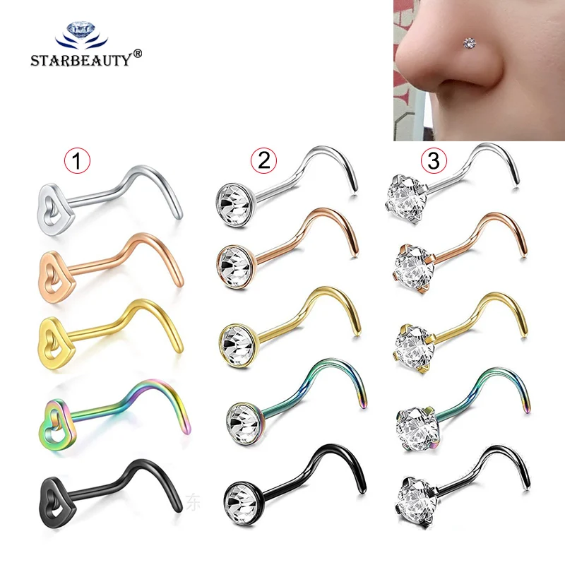 2 uds 20G Acero CZ gema Piercing nariz tornillo curvado punta nariz Stud anillos joyería del cuerpo nariz anillos Nariz pendientes Nostril Piercings