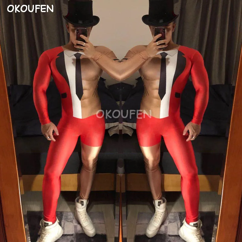 

Bar nightclub male Ds 3D fake muscle unilateral suit Mid-Autumn Festival National Day Chinese style party costume