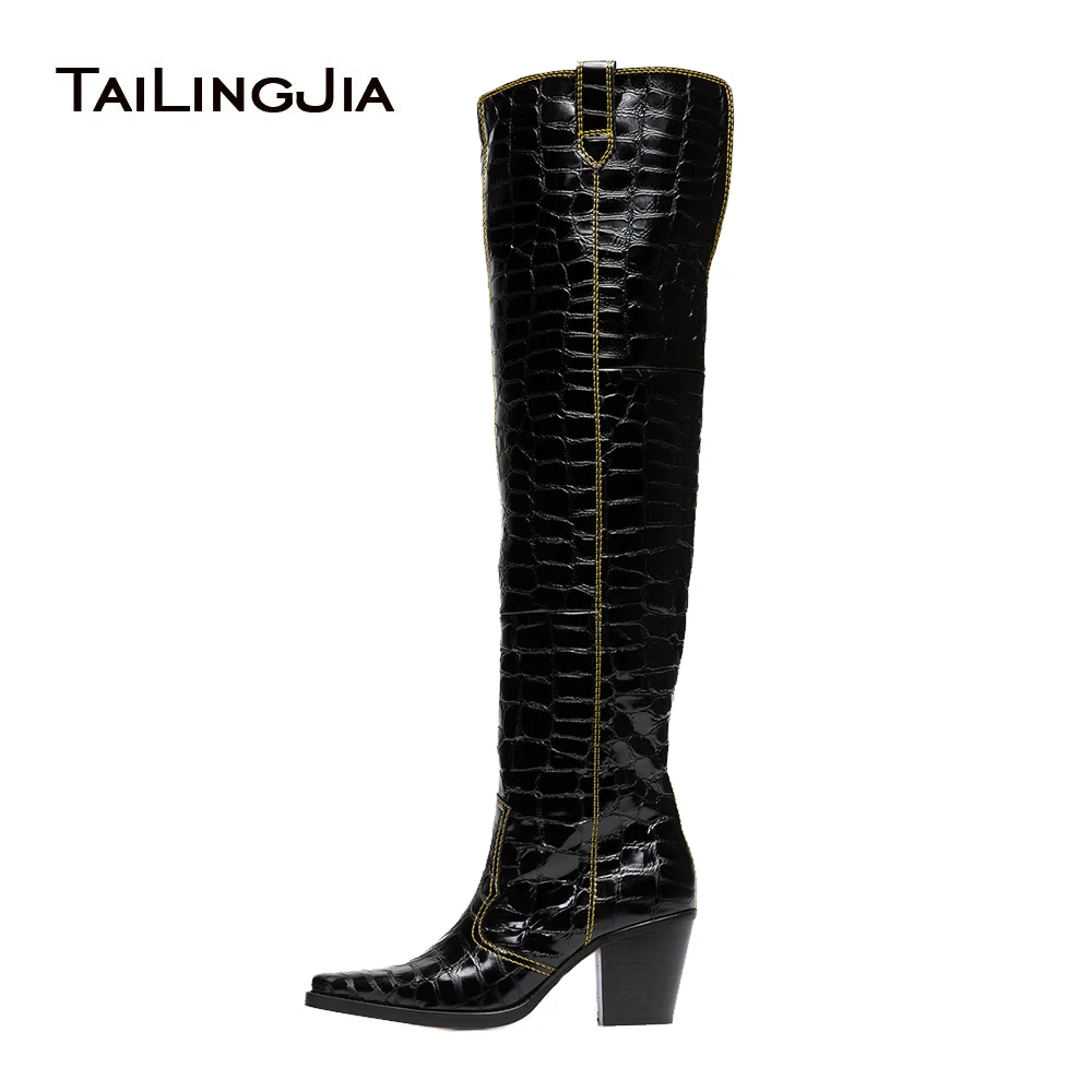 

Square Toe Texas Over the Knee Boots Black Patent Crocodile Print Cowboy Thigh High Boots With Block Heel Mid Heel Winter Shoes