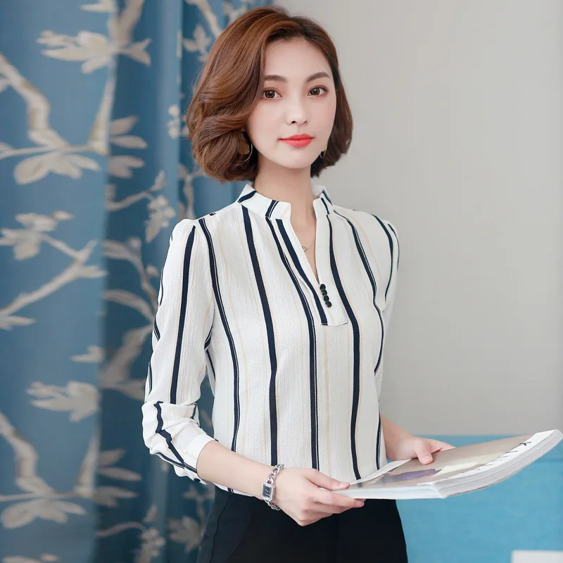 Frühling Herbst Chiffon Hemd Frauen V-kragen Striped Beiläufige Bluse Büro Damen Temperament Dünne Mode Plus Größe der Arbeit Top h9138