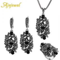 Ajojewel Brand Vintage Jewelry Sets For Women Black Crystal Hollow Flower Necklace Earrings Ring Unique Gifts