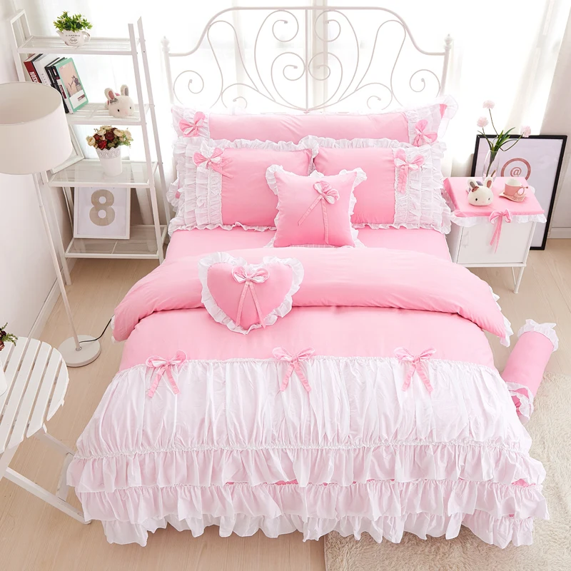 

100% Cotton pink purple king queen twin single Double size girls bedding set ruffles korean bed set bedsheet set duvet cover