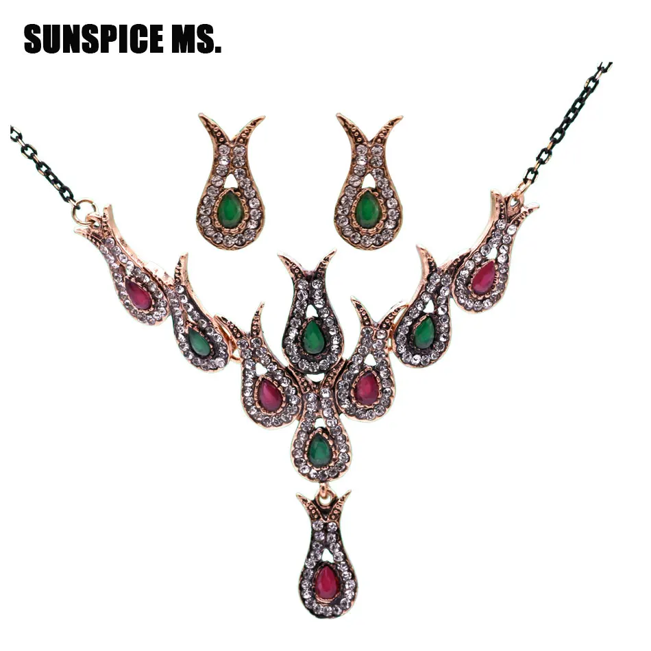 Sunspicems Vintage Turkey Bridal Flower Jewelry Sets Resin Earrings Tulips Flower Necklace Rhinestone Women Wedding Jewelry Sets