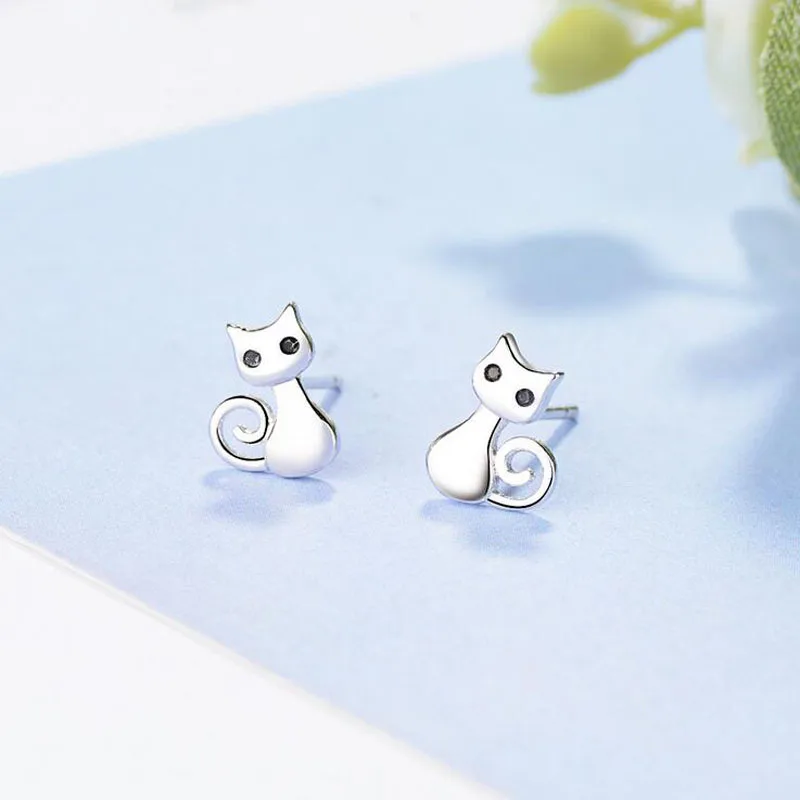 Cat Collection 925 Sterling Silver Sticky Cat Animal Small Stud Earrings For Women Fashion Sterling Silver Jewelry Sce450