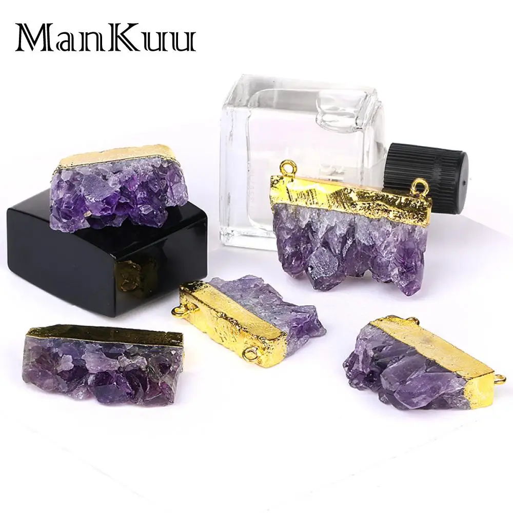 

mankuu 1/5pcs 27x33mm natural amethyst crystal stone connector pendants double rings gold plated for jewelry making diy necklace