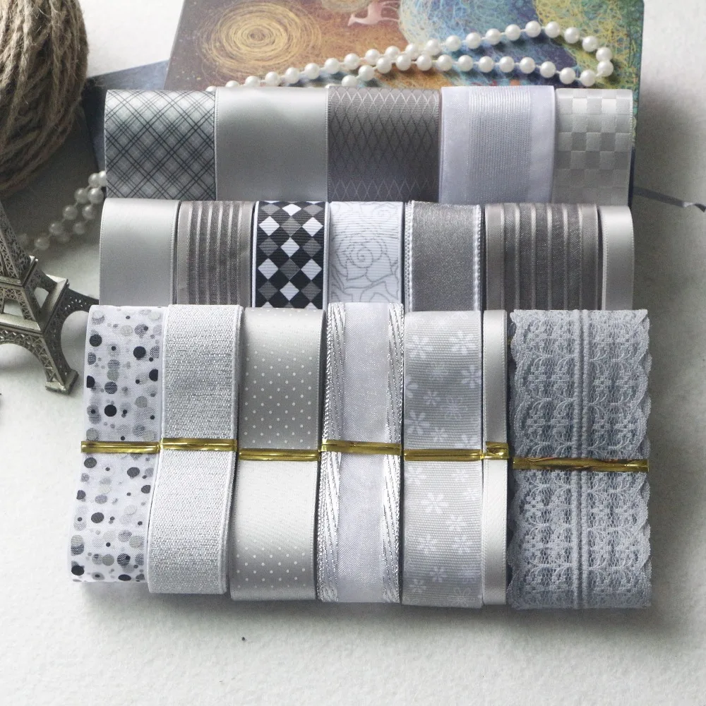 21 Yards/Set---DIY Hair Bow Material Gray & Silver Color Mix Ribbon Set