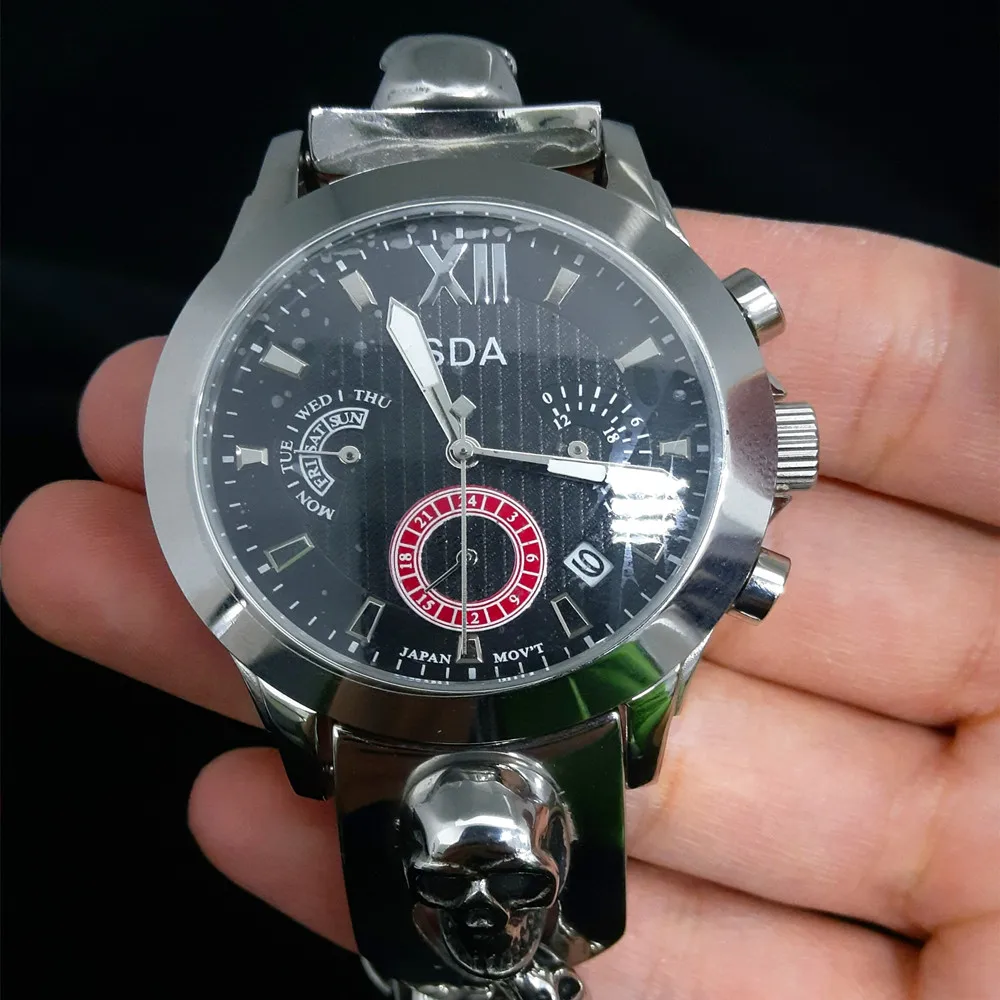 SDA New Fashion Design for Cool Men Giving Fashion Silver 316l Stainless Steel Japanese Movement Quartz Skull Watches W200