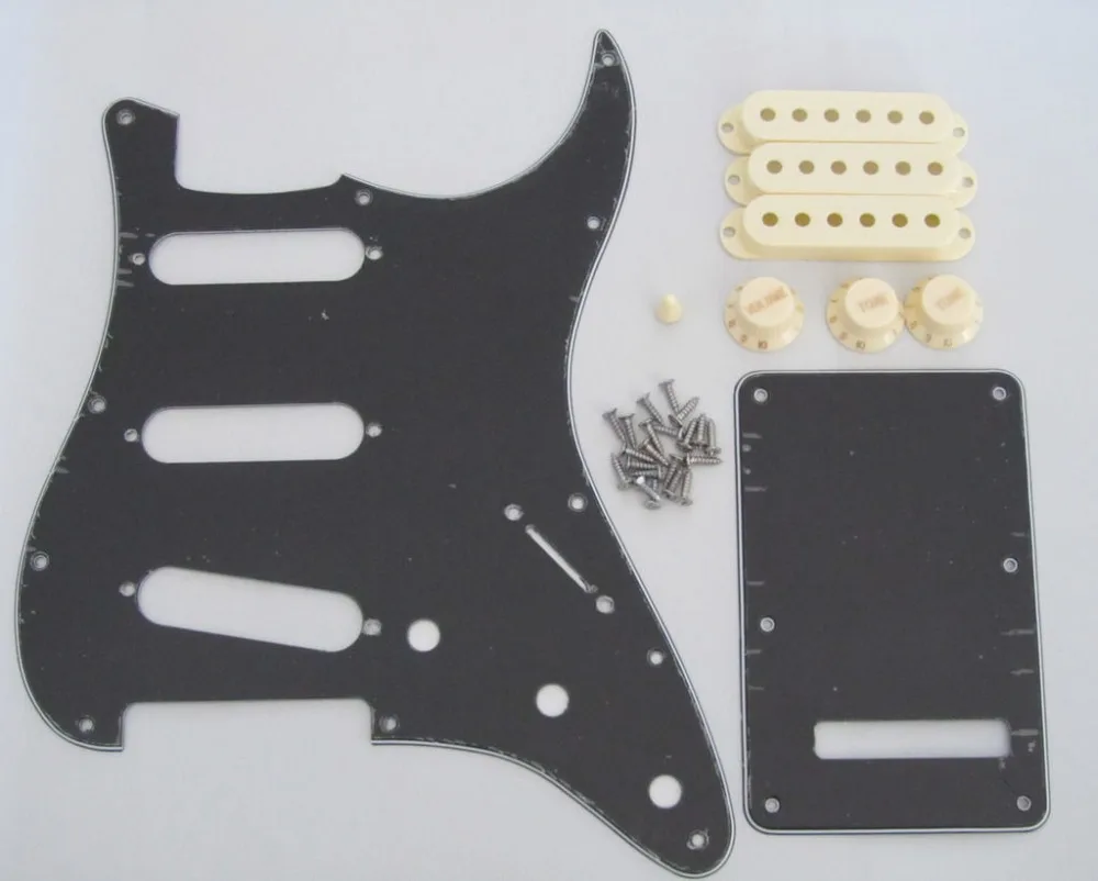 KAISH Black 3 Ply ST SSS Pickguard with Aged White Pickup Covers Knobs Tip