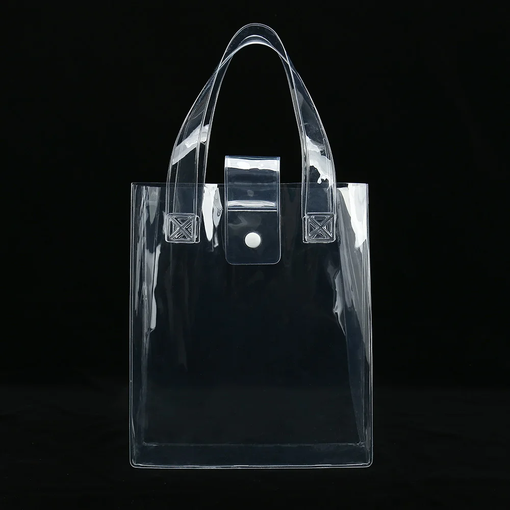 Clear PVC cosmetic tote with plastic buckle makeup promotional bag available for custom