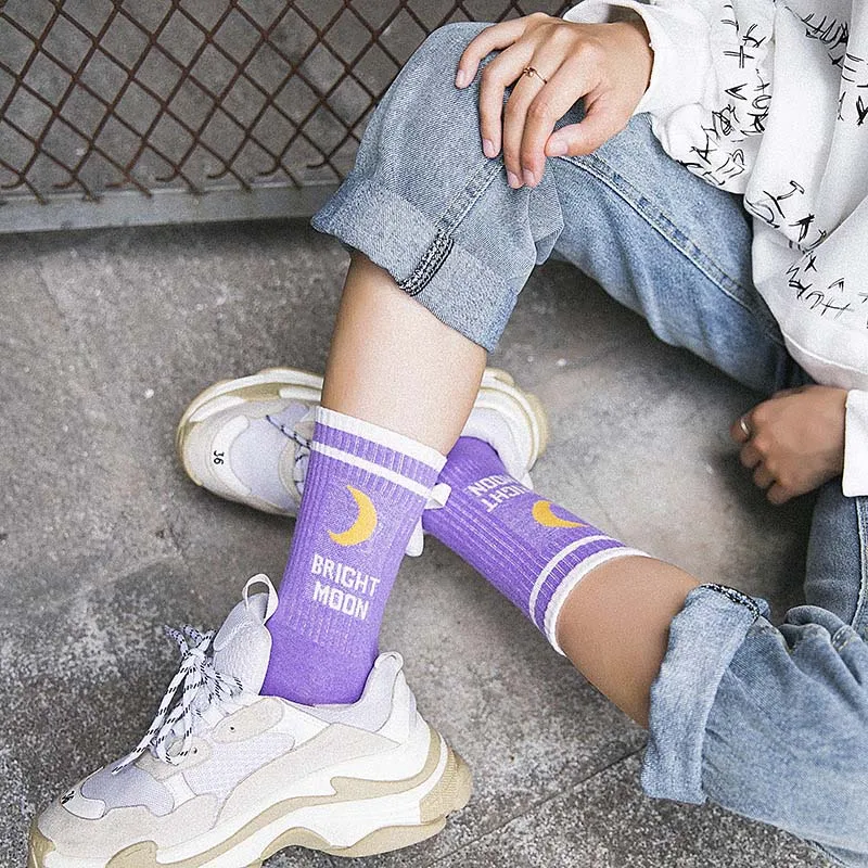 Bright Korean Moon Cotton Socks Harajuku English Letter Sock Woman Socks Fun Hip Hop Skateboard Crew Sokken