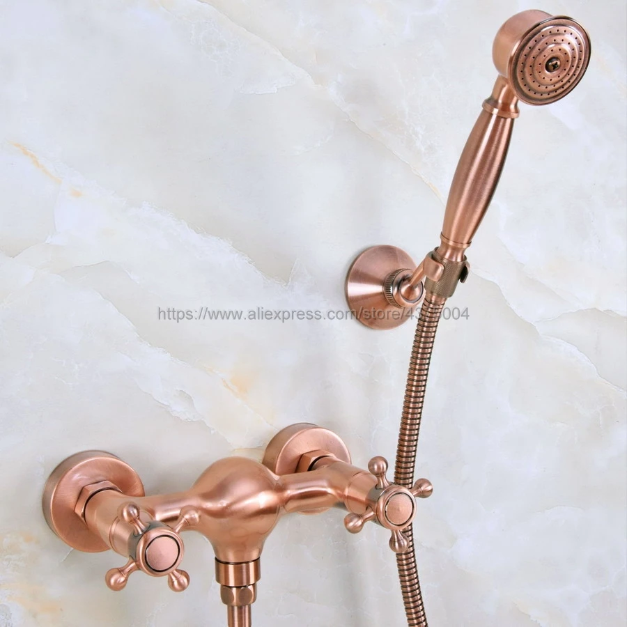 Bathroom Antique Red Copper Shower Faucet Bath Faucet Mixer Tap With Hand Shower Faucet Set Wall Mounted Nna295