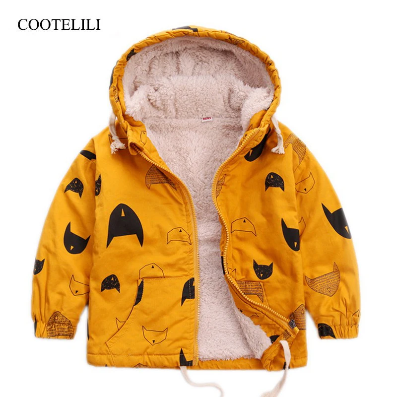 

COOTELILI Fish Printing Velvet Winter Coat For Boys Girls Hooded Winter Children Clothing Cotton Jacket Warm Fleece Parkas