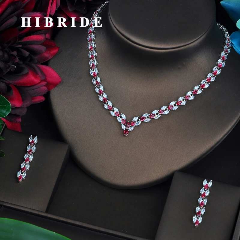 

HIBRIDE Brilliant Marquise Cut Red CZ Dubai Jewelry Sets For Women Necklace Set Wedding Dress Accessories Party Show N-466