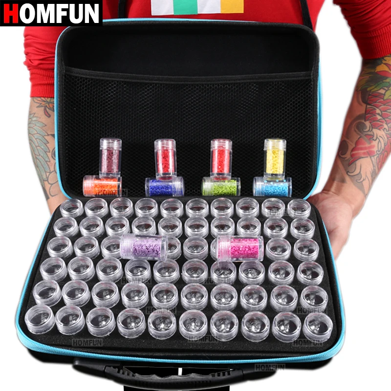 HOMFUN 60 Bottles Diamond Painting Box Tool Container Storage Box Carry Case Holder Hand Bag Zipper Design Shockproof Durable