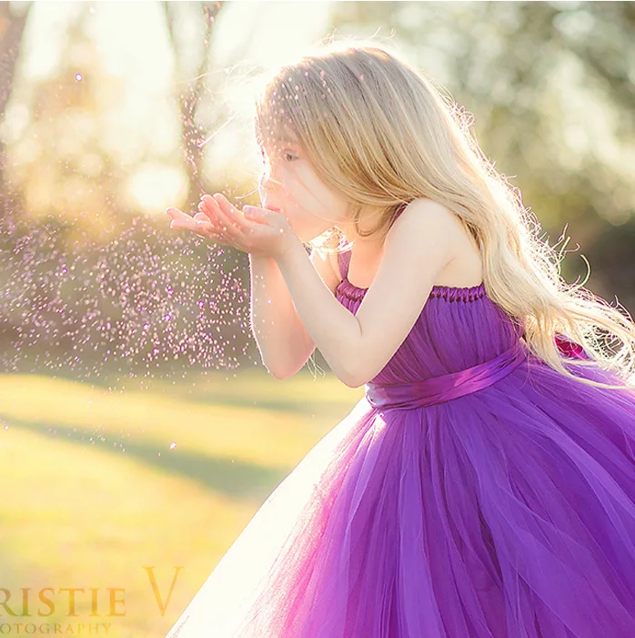 Vestido largo de tutús púrpura para niñas, vestido de princesa de tul esponjoso hecho a mano con lazo de satén de flores, Tutus de fiesta para niños, 1 pieza