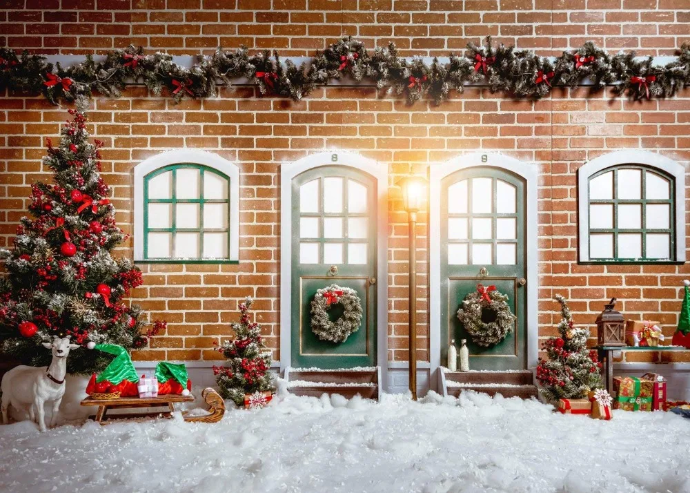 Capisco backdrops for photography Red brick wall door windows snow ground Christmas background for photographic studio