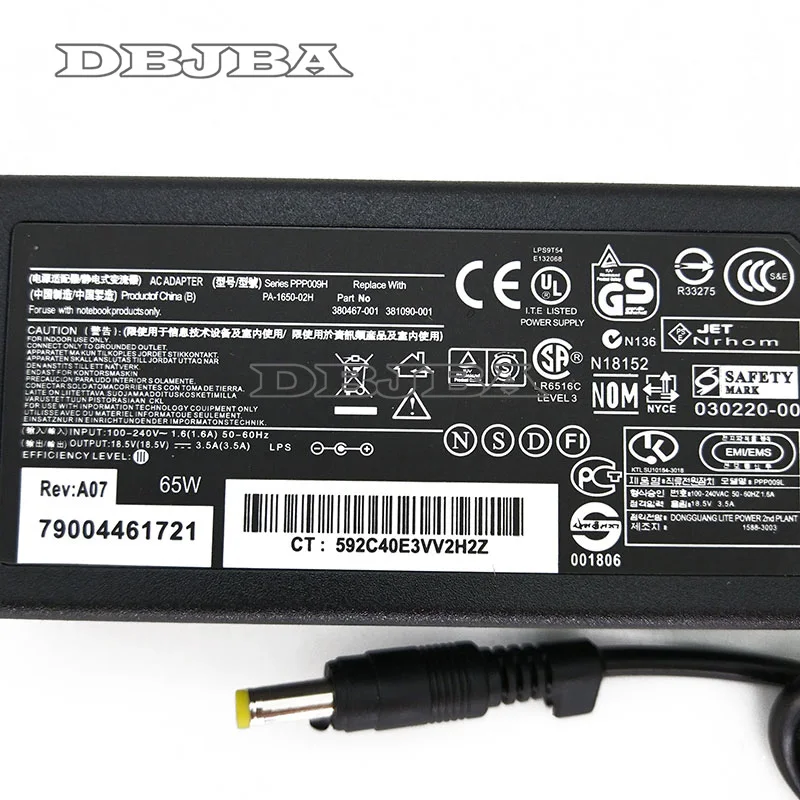 Зарядное устройство для HP Pavilion dv1000 dv5000 tx1000 tx2000 tx2500 tx2 ze2000 ze4900 zt3000, 18,5 в, а, 65 Вт