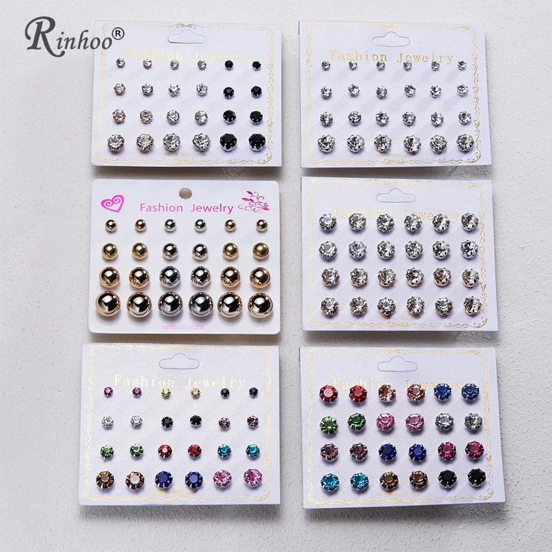 Rinhoo 12pairs Crystal Simulated Pearl Earrings Sets For Women Colorful Round Ear Stud Earrings Wedding Jewelry Box Earrings