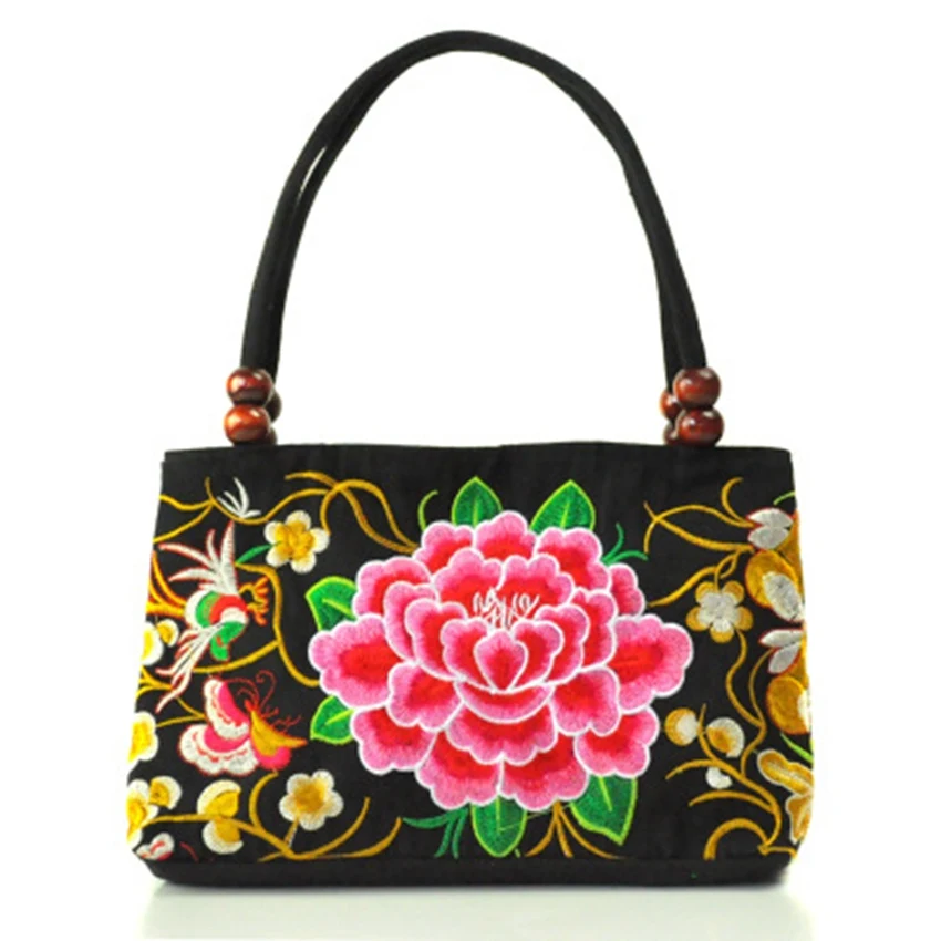 National wind embroidered bag new double-layer two-way zipper wooden beads portable embroidery double bag embroidered handbag