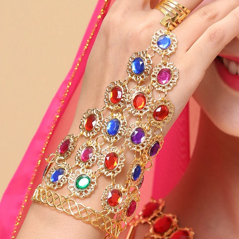 Atacado acessório de fantasia de dança do ventre, conjunto de joias banhadas com strass coloridos de bollywood, colar e pulseiras indianas