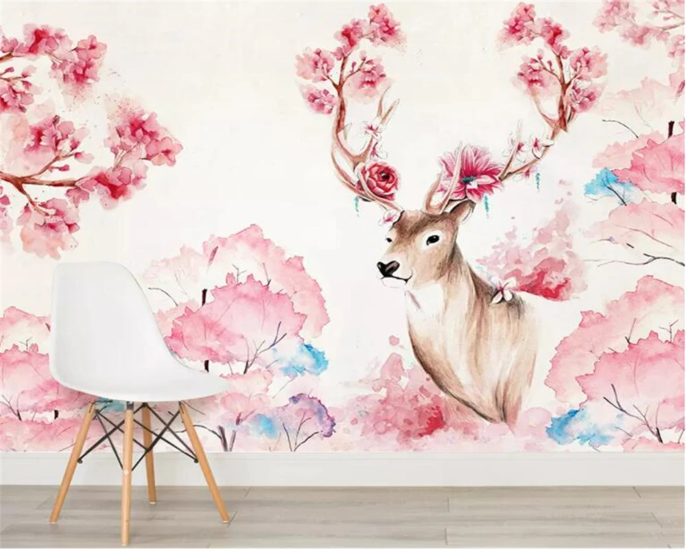 

Custom wallpaper mural Watercolor flower fashion animal deer children's room decoration background 3d wallpaper