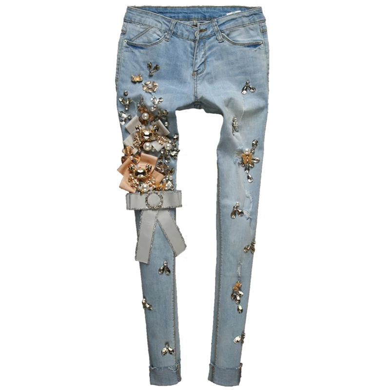 Spring autumn Stretch Thin Denim Pencil Slim Elastic Ladies Fashion skinny Luxury Beading Diamond Ripped Jeans