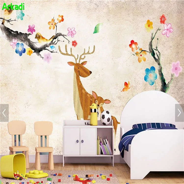 

Home Decor Wallpaper 3D Tree Cartoon Deer Plum Children's Room Decorative Painting Background Wall Living Room Bedroom Mural