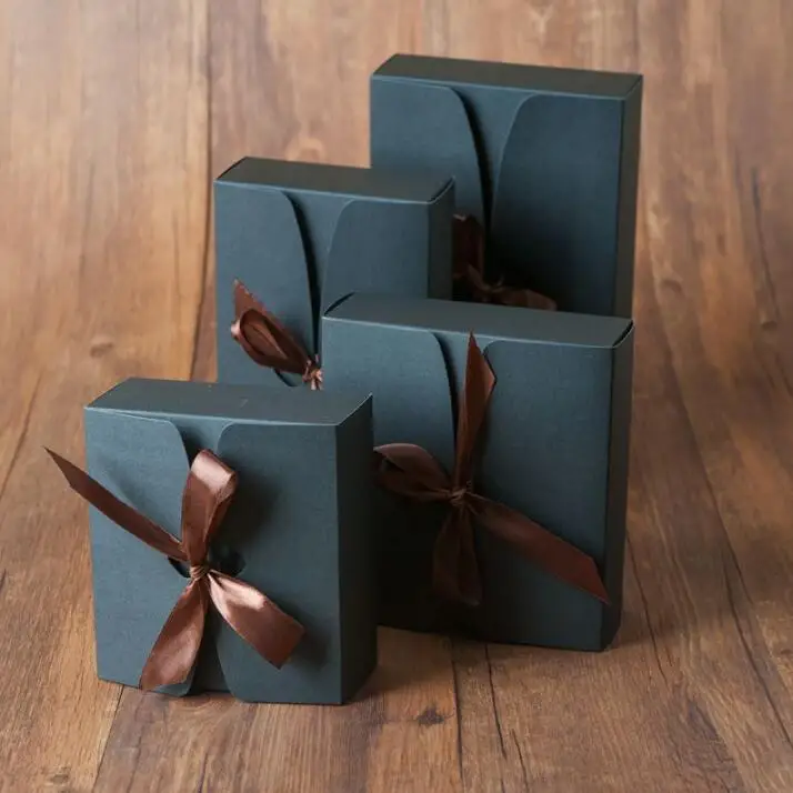 40pcs Wholesale Brown/Black Paper Box Large Kraft Gift Box with ribbon Wedding Party Favor Box Present/Clothes Packing Box 3size