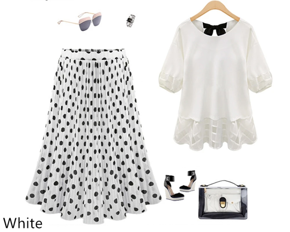 Women\'s Black Dots Chiffon Polka Skirts Vintage Classic Elegant Sweet Female Elastic Waist Pleated Beach A-Line Plus Size Chic