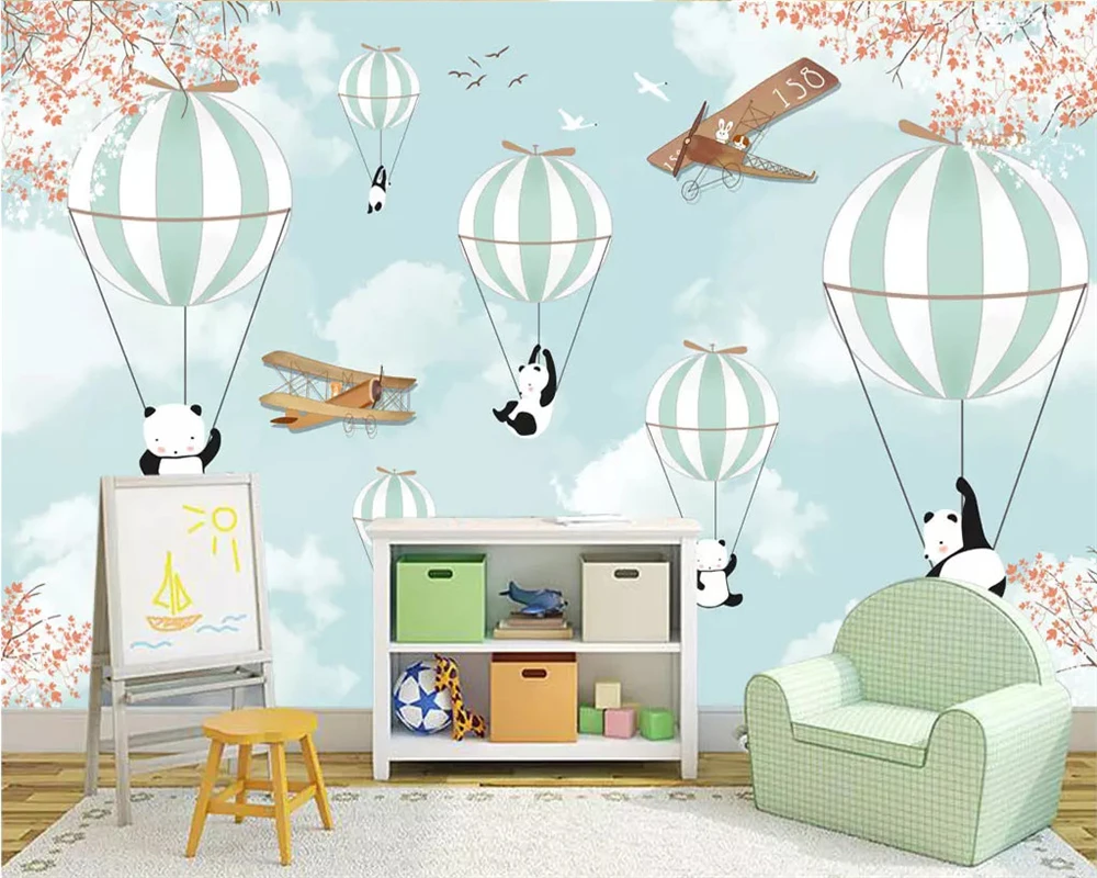 Customized size wallpaper cartoon hand painted animal hot air balloon aircraft mural Children room background wall 3d wallpaper