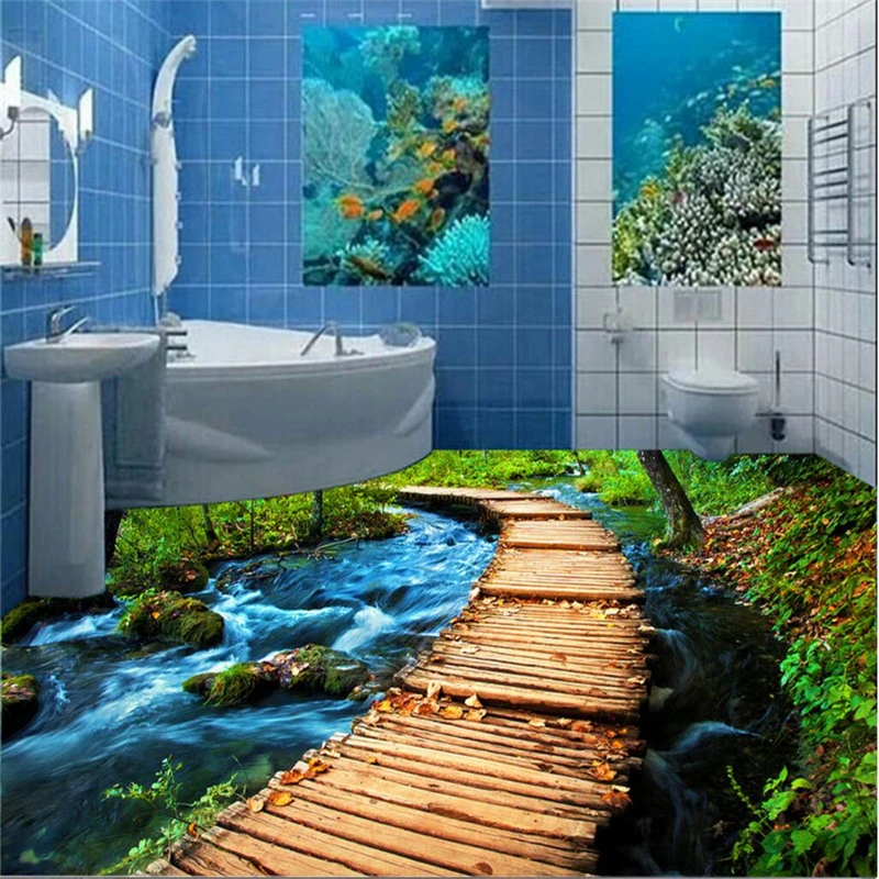 

beibehang Custom Photo Floor Painting Wall Stickers Seawater River Wooden Bridge 3D Bathroom Floor Painting papel de parede