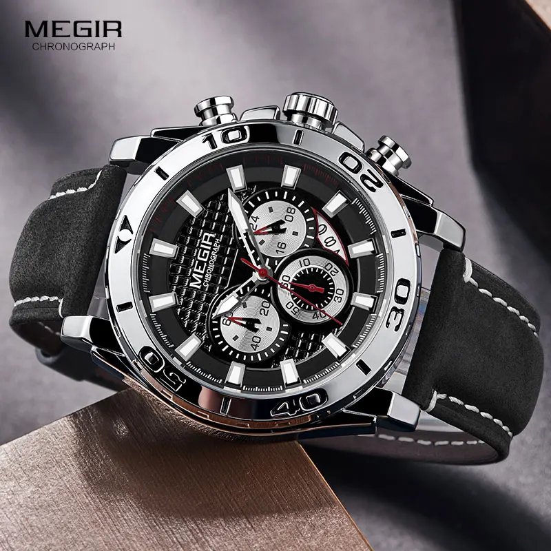 MEGIR Men\'s Army Sports Chronograph Quartz Watches Leather Strap Luminous Waterproof Wristwatch Man Relogios Clock 2094 Silver