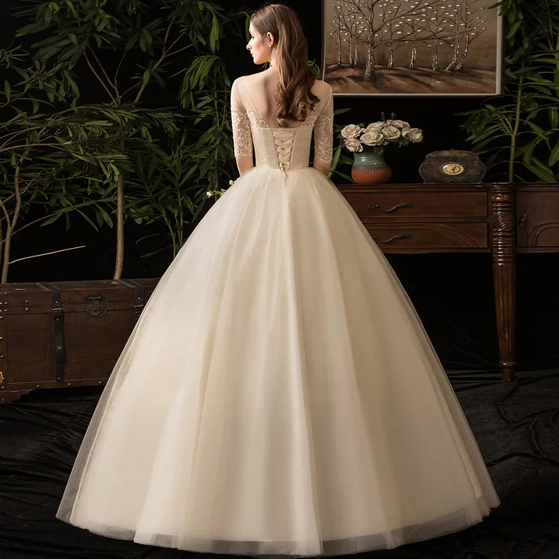 2024 New Off White O Neck Half Sleeve Simple Wedding Dress Lace Flower Illusion Floor Length Slim Bridal Gown Vestido Customized