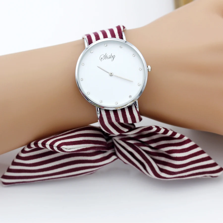 shsby brand new Ladies Concise stripe cloth wristwatch women dress watches high quality fabric watch sweet girls Bracelet watch