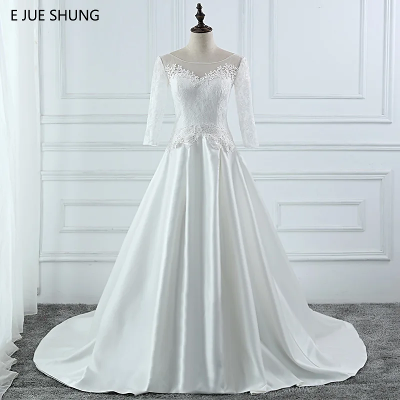 

E JUE SHUNG White Satin Simple Wedding Dresses A-line Lace Appliques 3/4 Sleeves Bridal Gowns Robe De Mariage