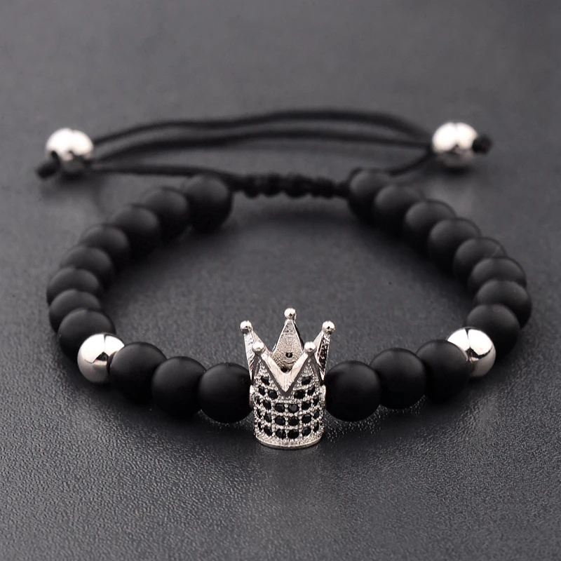 DOUVEI 6mm Pave Zircon Crown Weaving Bracelet Charm Men Handmade Black Matte Bracelets For Women Dropshipping ABL007