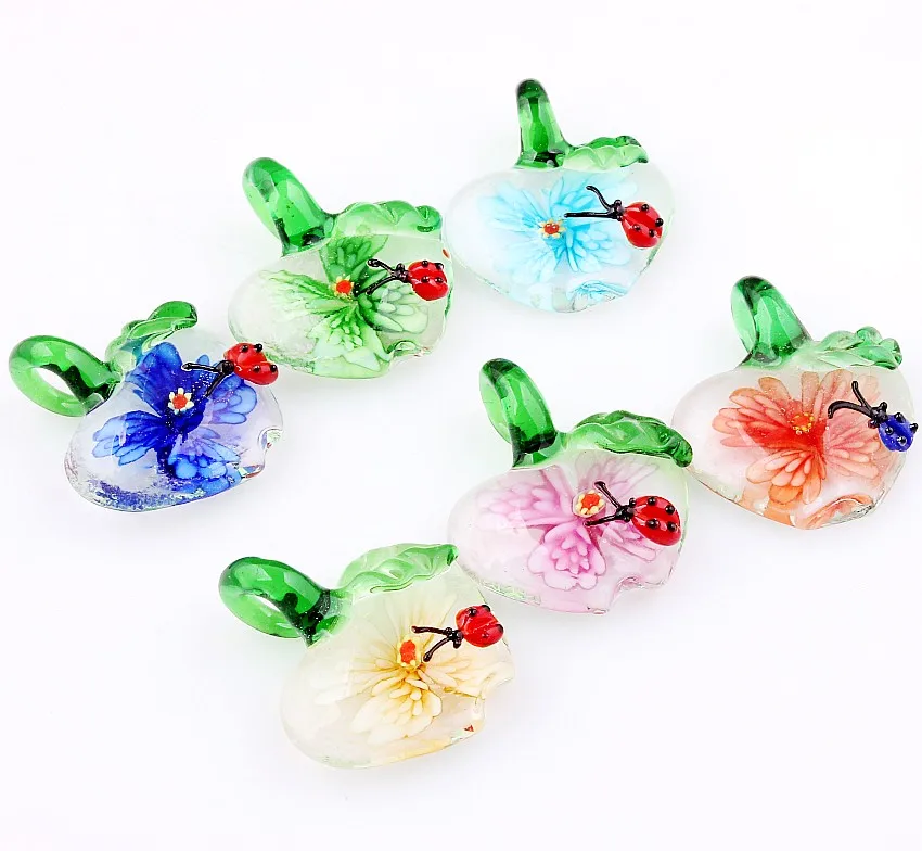 Qianbei-Lovely Apple Insect Pendant, Handmade Murano Lampwork Glass, Mix Colorfit Necklace, Jewelry Gift, Hot, Wholesale, 6Pcs