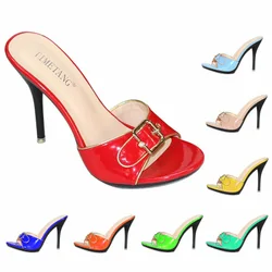 Candy Color Slippers Women Shoes Sexy Patent Leather High Heel 10.5CM Pointed Toe Sandals Shoes Women 2019 Female Wedding Shoes