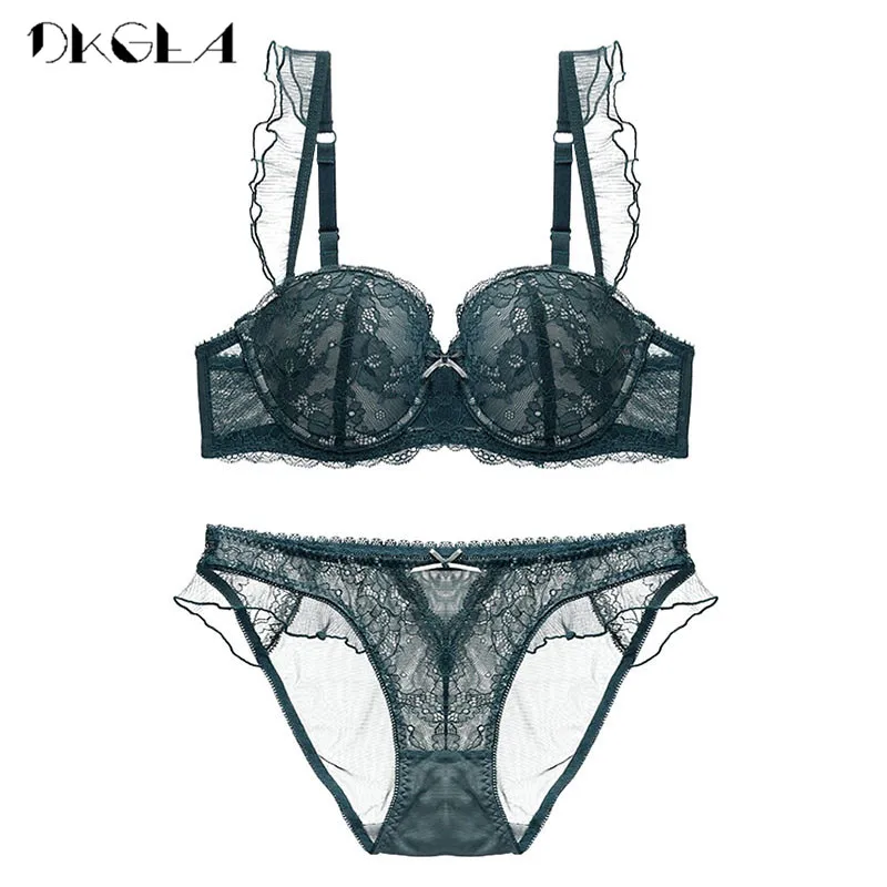 New Top Sexy Bra Panties Sets Lace Embroidery Lingerie Set Green Brassiere Deep V Push Up Bra Women Underwear Set Cotton 3/4 Cup