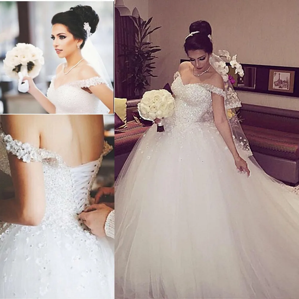 Vestido de novia de Dubái brillante con cuentas de cristales, hombros descubiertos, cuello de barco, flores hechas a mano, con cordones, vestido de novia