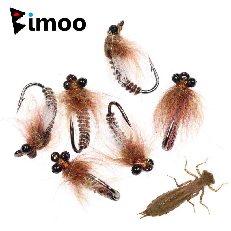 Bimoo-señuelo de pesca con mosca, 6 piezas, #8, señuelo de pesca con mosca pesada, Mosca de dragón, ninfa, insecto, gusano, aparejos de pesca para trucha, perca, lubina, pesca de carpa