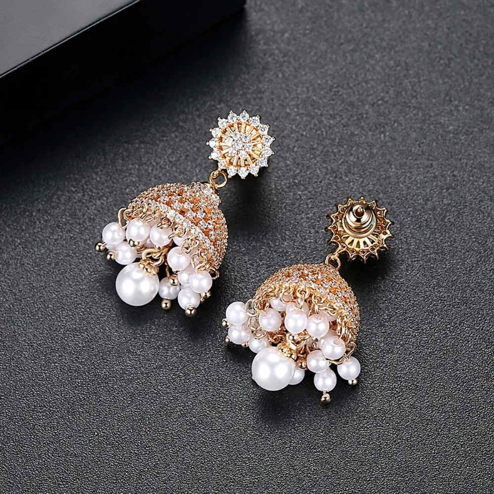 LUOTEEMI Bohemia Style Gold Color Drop Earrings For Women Shin CZ Stone Imitation Pearl India Style Dangle Earring Fashion Gift