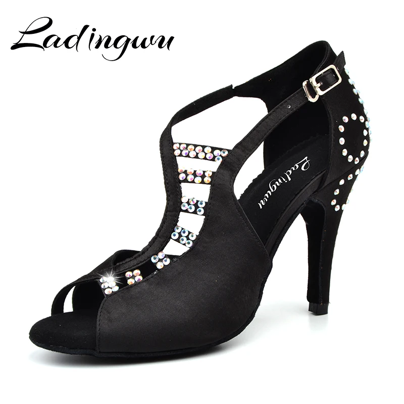 New Latin Dance Shoes Salsa Women Yellow Black Unique Tailoring Design Satin Shoes For Ballroom Dancing Rhinestone Tango Shoes