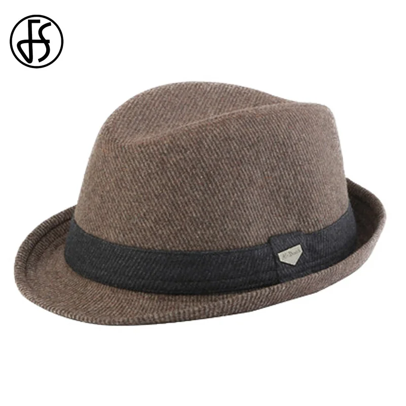 FS Vintage Black Wool Felt Wide Brim Fedora Hats For Men Striped Gangster Trilby Hat Autumn Winter Panama Jazz Cap Chapeau Homme