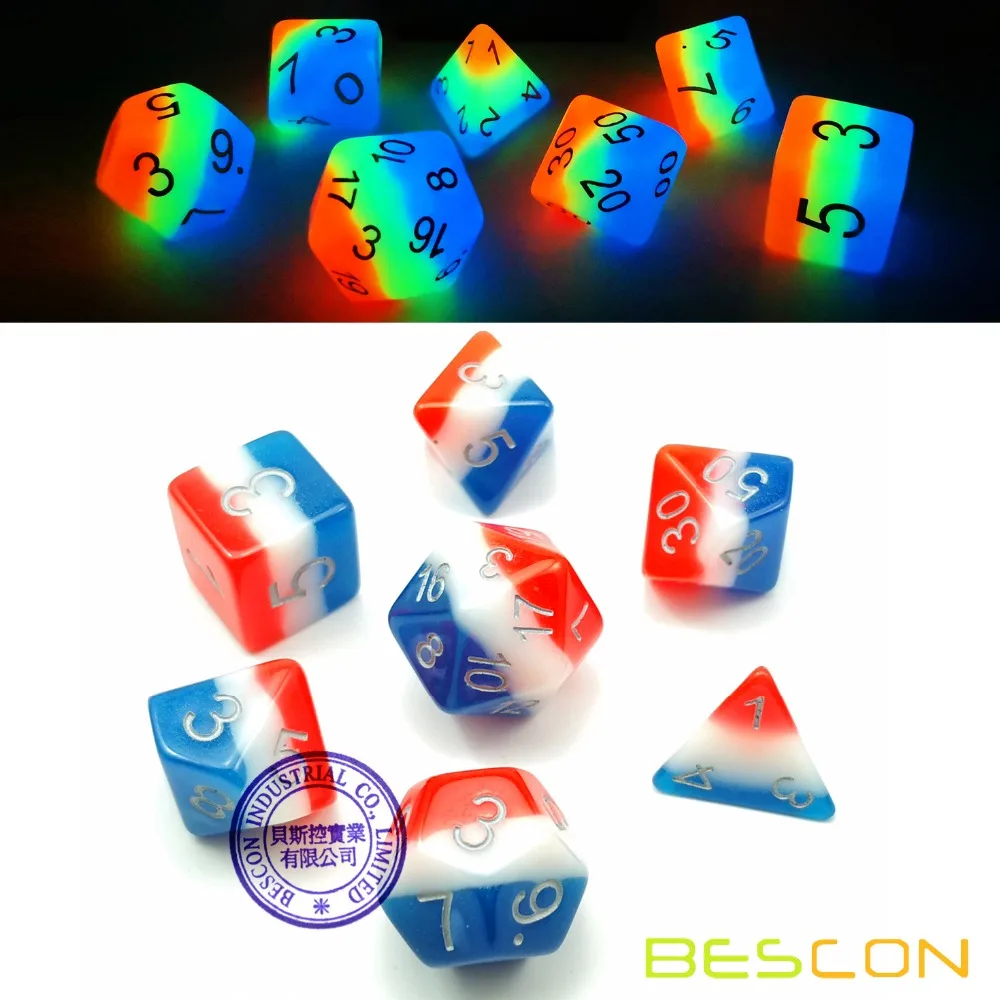 

Bescon Glowing Polyhedral Dice 7pcs Set FRENCH KISS, Luminous RPG Dice Glow in Dark, DND Role Playing Game Dice