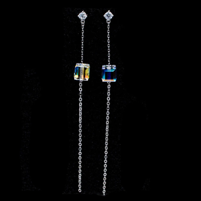 Original Crystals from Austria Cubic Beads Long Chain Drop Earrings Silver Color Piercing For Women Office Jewelry