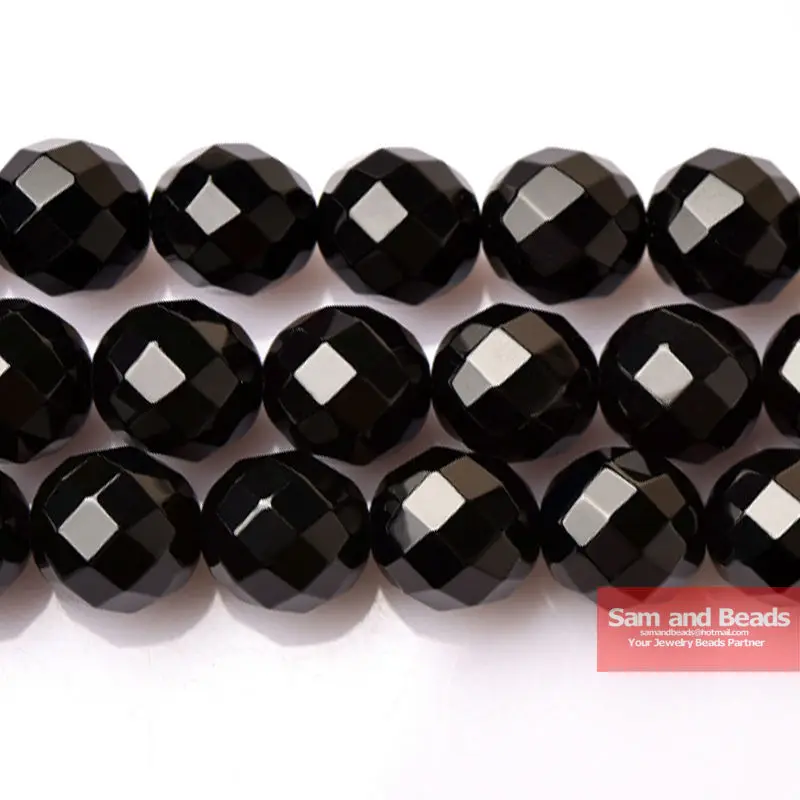 Natural Stone Faceted Black Onyx Agata Round Loose Beads 16\