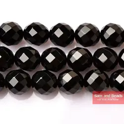 Natural Stone Faceted Black Onyx Agata Round Loose Beads 16