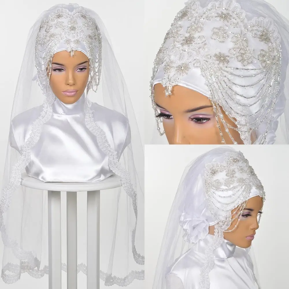 

Luxury Muslim Wedding Bridal Hijab 2019 Lace Voile Khimar Islamic Nikkah Voile Mariage Veils One-Layer Fingertip Length